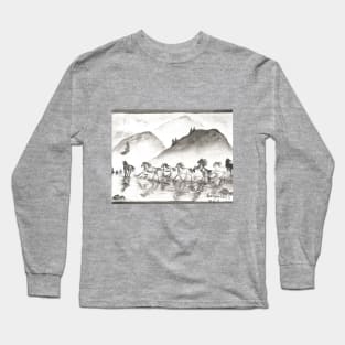 horses galloping across the water monochrome black and white watercolor painting Long Sleeve T-Shirt